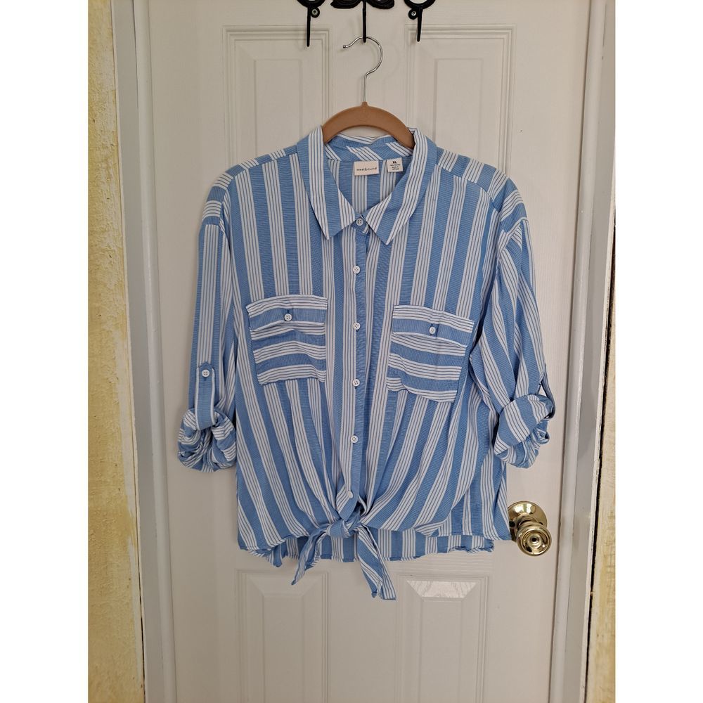 Westbound Blue & White Striped Tie Front Blouse